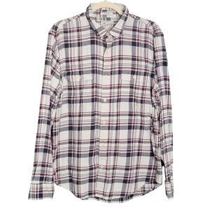 Lucky Brand Button Down Mens Large White Plaid Saturday Stretch Classic Fit
